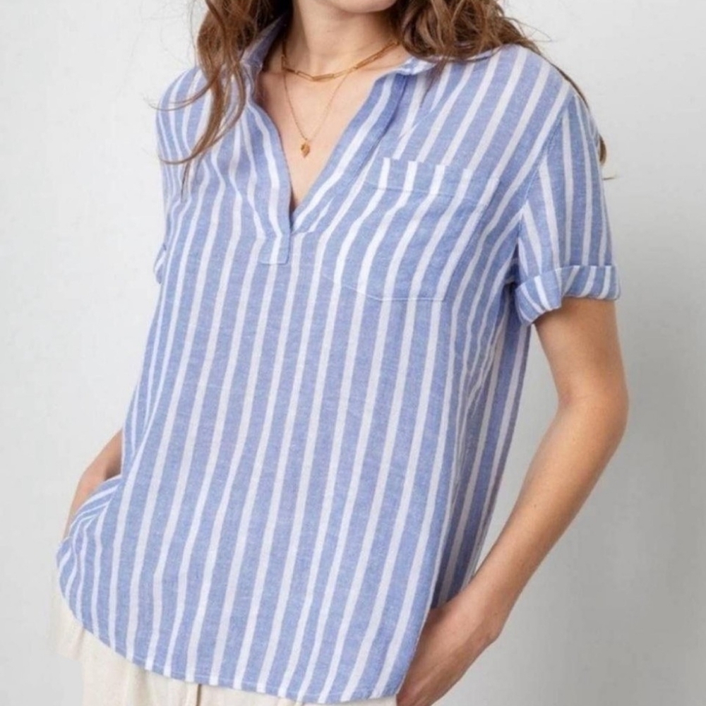 Rails XS Linen Blue and White Casual Polo Shirt X Anthropologie